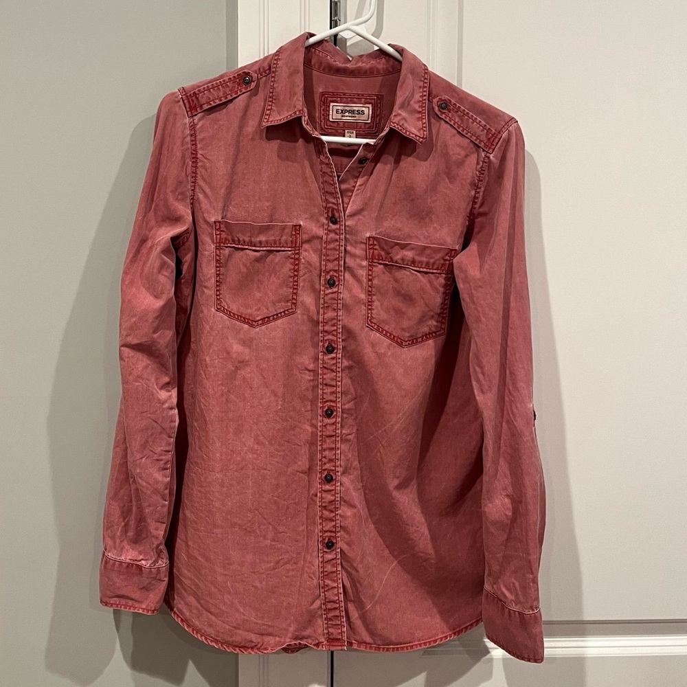 Express Boyfriend Fit Long Sleeve Button Up Shirt Nantucket Red, Small
